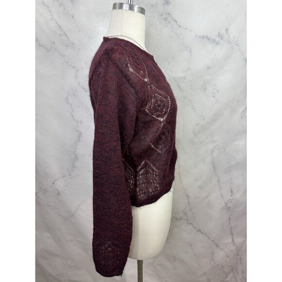 Calme Johnny Was y2k Burgundy Open Knit Cardigan Sweater Top S Wool Cottagecore - Picture 16 of 16